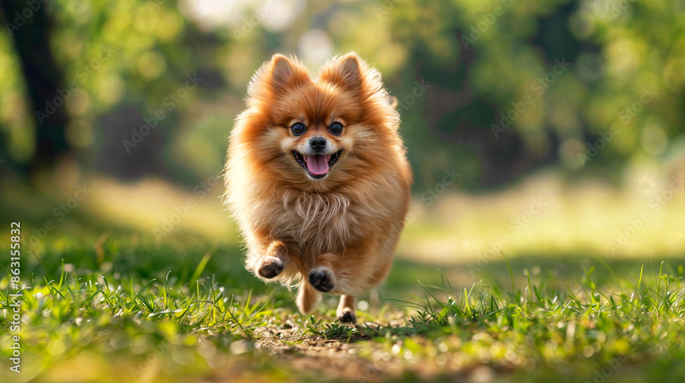 A happy pomeranian dog is running over grass in a park, sunlight is shining A happy pomeranian dog is running over grass in a park, sunlight is shining