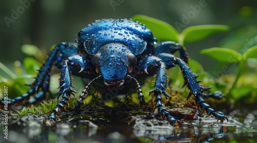 Crawling over the damp forest floor, a metallic blue beetle's jewel-like exoskeleton reflects the lush greenery. Its deliberate movements highlight its glossy beauty. © BlockAI