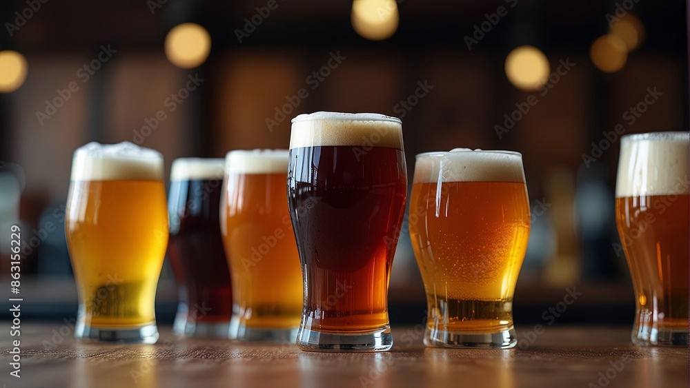 A variety of beer glasses filled with different types of beer, ranging from pale to dark, are arranged on a wooden table in a dimly lit pub A variety of beer glasses filled with different types of beer, ranging from pale to dark, are arranged on a wooden table in a dimly lit pub
