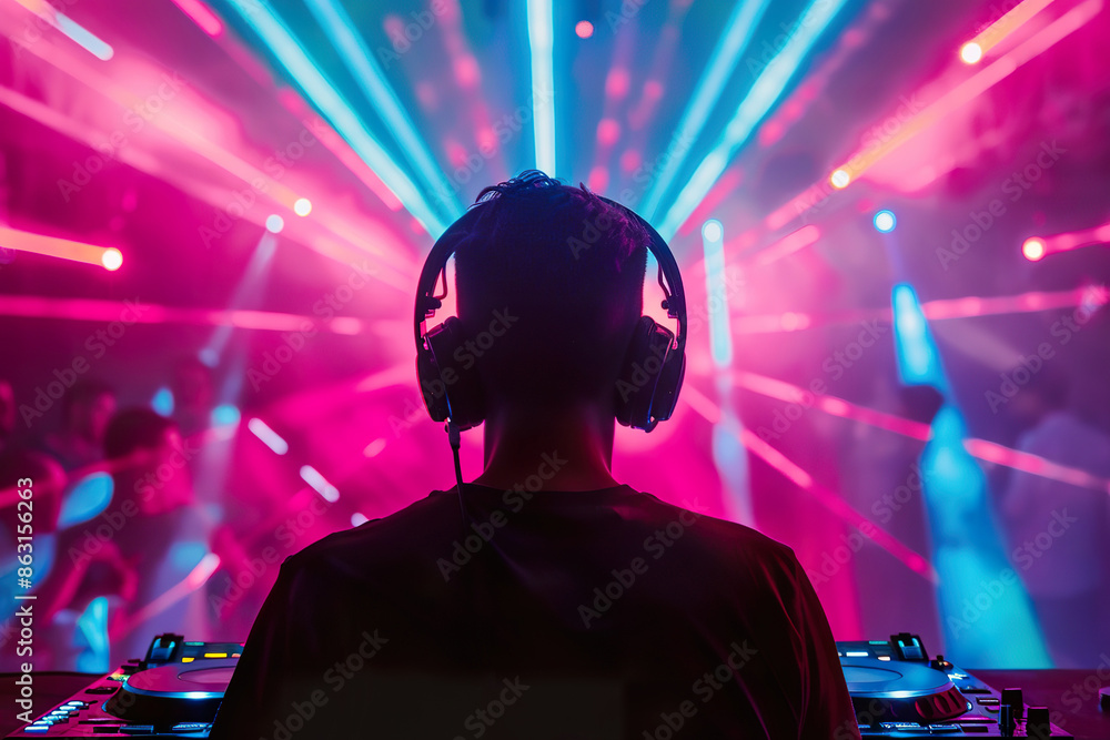 A man wearing headphones is standing in front of a DJ booth,, generative ai image A man wearing headphones is standing in front of a DJ booth,, generative ai image