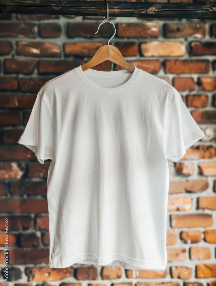 Blank White T-Shirt on Hanger with Brick Background. Blank White T-Shirt on Hanger with Brick Background.