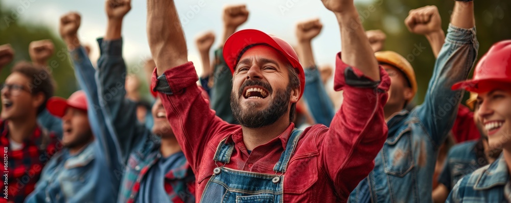 A group of workers dressed in overalls and safety helmets happily celebrate with raised fists, demonstrating unity, joy, and a strong sense of camaraderie outdoors. A group of workers dressed in overalls and safety helmets happily celebrate with raised fists, demonstrating unity, joy, and a strong sense of camaraderie outdoors.