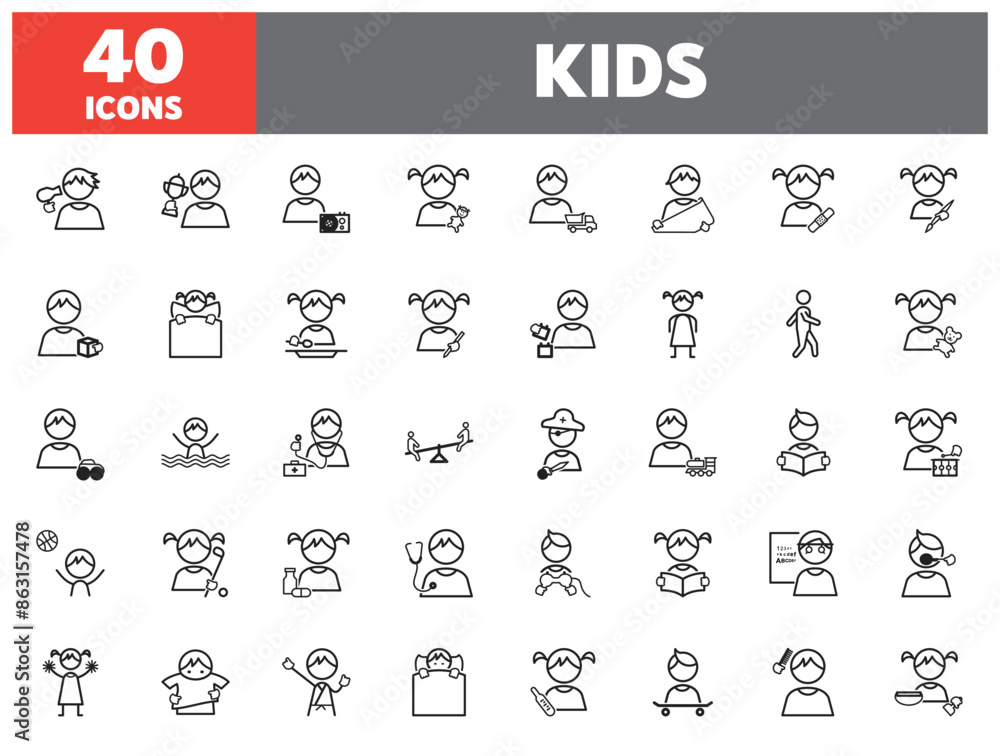 Set of 40 line icons kid. Outline icon collection. Editable stroke. Vector illustration. Set of 40 line icons kid. Outline icon collection. Editable stroke. Vector illustration.