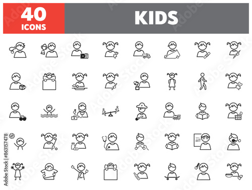 Set of 40 line icons kid. Outline icon collection. Editable stroke. Vector illustration.