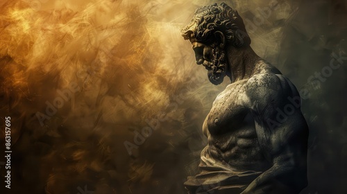 dramatic lighting on ancient greek or roman stoic male statue impressive muscular build and classical beauty digital art