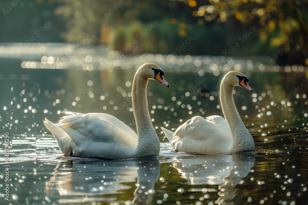 Two Swans Swimming on a Calm Lake at Dawn Two Swans Swimming on a Calm Lake at Dawn