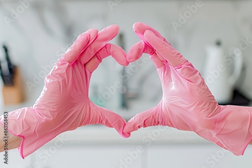 The heart is made of pink protective gloves. A woman is wearing protective gloves. Concept of clean kitchen with thumb up thumbs up yes ok.