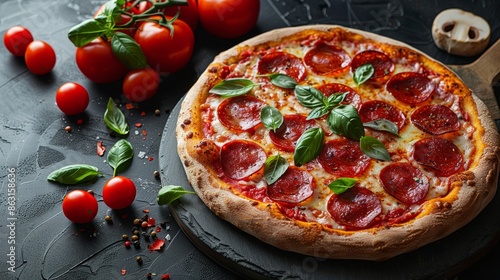 Pizza with pepperoni and ingredients tomatoes basil on black concrete background. Top view of hot pizza with copy space. Flat lay. Banner.