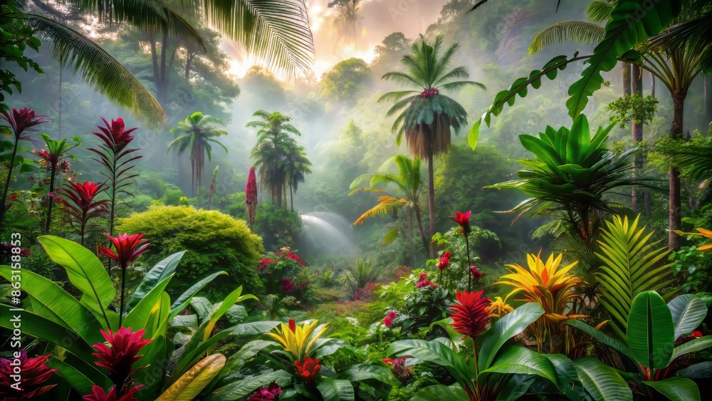 Vibrant exotic plants, flowers, and trees surround a serene mist-shrouded clearing in a lush tropical rainforest, teeming with life, color, and natural textures in breathtaking detail. Vibrant exotic plants, flowers, and trees surround a serene mist-shrouded clearing in a lush tropical rainforest, teeming with life, color, and natural textures in breathtaking detail.