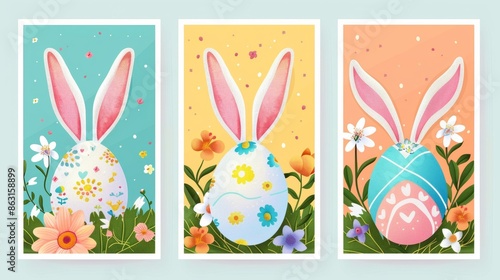 Greeting card design template for Easter Holiday with bunny and eggs.