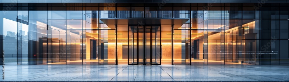 Modern glass building exterior with reflective surfaces and illuminated interior creating a sleek and contemporary architectural design. Modern glass building exterior with reflective surfaces and illuminated interior creating a sleek and contemporary architectural design.