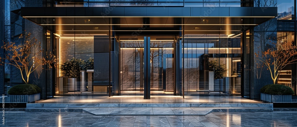 Obraz premium Modern glass building facade with sleek entrance, evening lights, and reflections on wet pavement showcasing contemporary architecture.