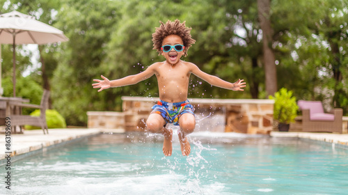 Happy black boy in swimming googles jumping into swimmin pool. Concept: childhood joy, school holidays, summer fun.