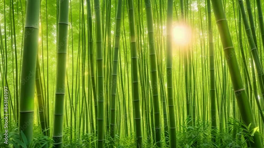 Bamboo forest with morning sunlight, green nature background Bamboo forest with morning sunlight, green nature background