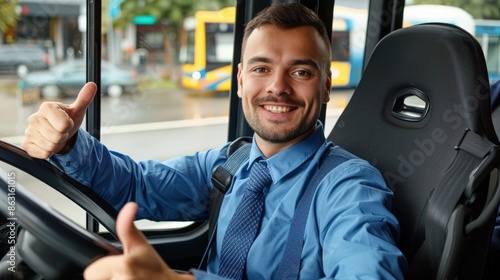 Happy bus driver giving thumbs up while driving photo