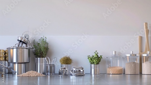A sleek, contemporary kitchen counter scene with silver kitchen gadgets, a variety of grains and legumes, and small potted herbs, arranged for an inviting cooking experience.