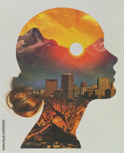 Surrealistic cut and paste collage of a woman's head with a mountain photo