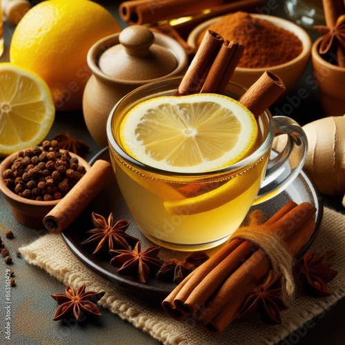 Brazilian Winter Warmer: Quentão ingredients - citrus, spice & cachaça for a cozy tradition. generative AI photo