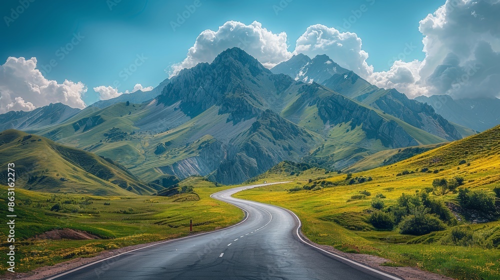 Fototapeta premium Highway winding through green mountain fields under a summer sky with fluffy clouds