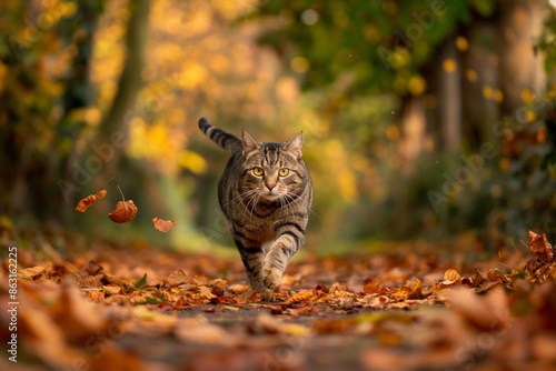 A cat, a member of the Felidae family, dashes through a leafcovered forest. The felines whiskers twitch as it moves gracefully among the trees and plants. Poster photo