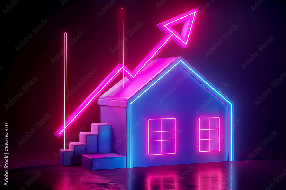 3D holographic house model illuminated in neon colors with a pink arrow pointing upward 3D holographic house model illuminated in neon colors with a pink arrow pointing upward