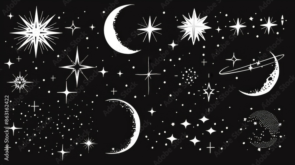 Night Sky. Hand drawn stars and moon on a black background Night Sky. Hand drawn stars and moon on a black background