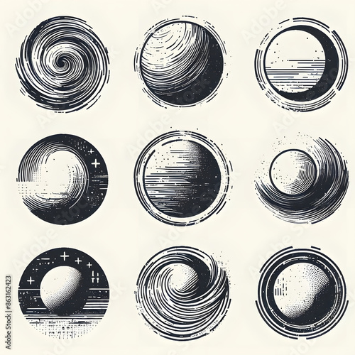 Round circular logo hand-drawn brush stroke icon frames with textured ink outlines for a rough grunge look. Vector illustration.