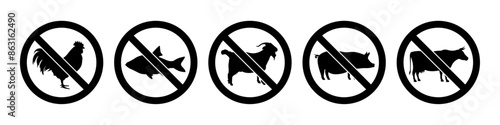 Non-Vegetarian prohibited black ban symbol with chicken, fish, goat, pig and beef meat forbidden icon set. Non veg ban icons collection.