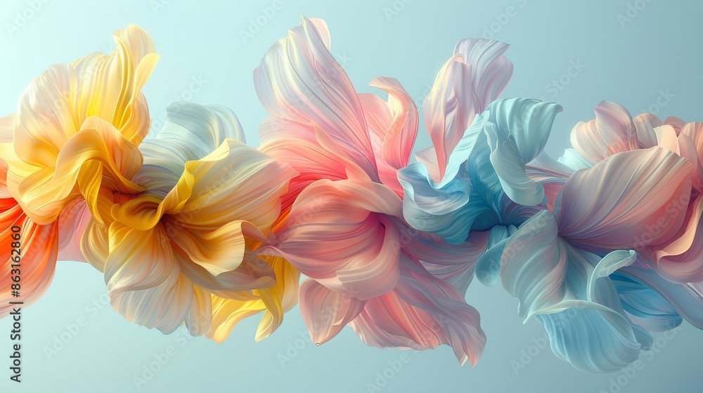 Swirling flower petals in soft pastel hues on light blue background, conveying fluidity and motion. Swirling flower petals in soft pastel hues on light blue background, conveying fluidity and motion.