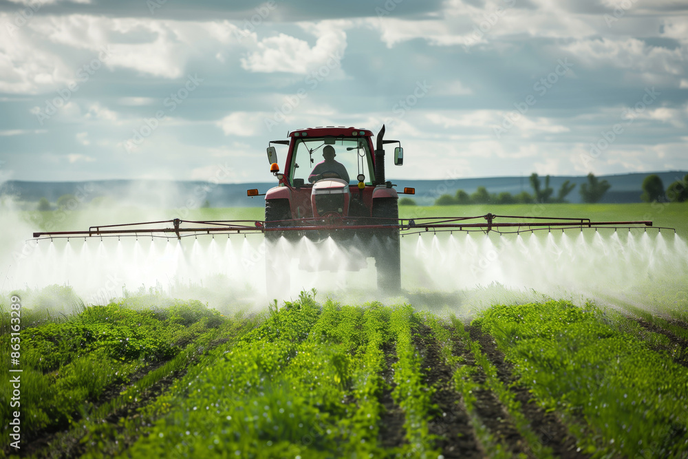 Fototapeta premium Farmer Driving Modern Tractor Through Green Fields
