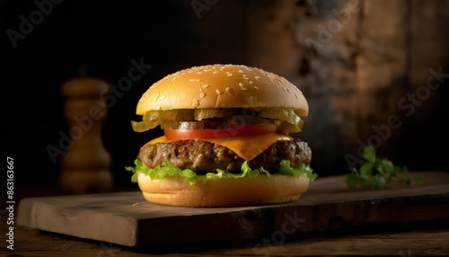 Cheeseburger on a table.