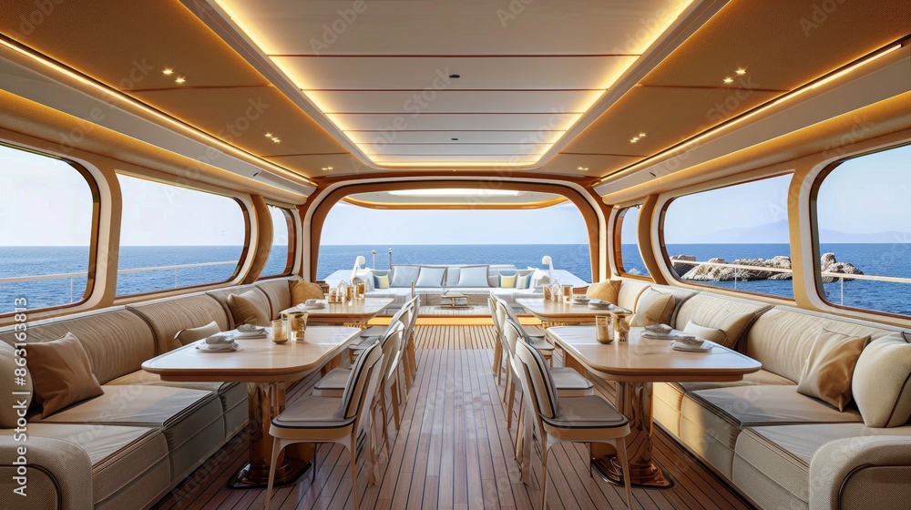 Fototapeta premium Interior view of a luxury yacht in sea water.