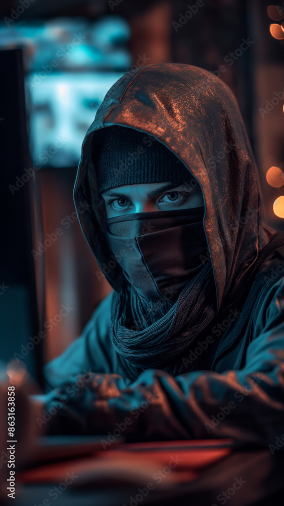 Masked Man Working On Computer In Dark Room Masked Man Working On Computer In Dark Room