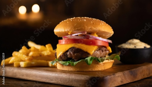 cheeseburger with fries and tomatoes.