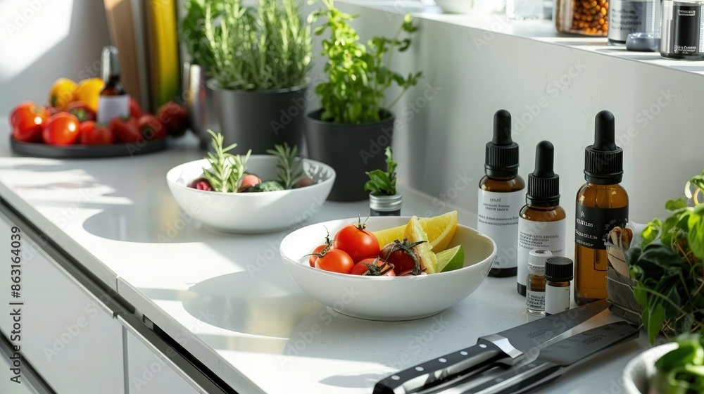 A neatly organized white kitchen counter featuring high-quality chef's knives, bowls of fresh vegetables, and essential oils, set up for a culinary demonstration. A neatly organized white kitchen counter featuring high-quality chef's knives, bowls of fresh vegetables, and essential oils, set up for a culinary demonstration.
