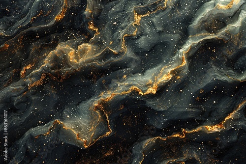 Golden swirls on a black abstract background, resembling a luxurious marble pattern.