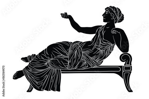 An ancient Greek woman in a tunic lies on the bed and rests. Figure isolated on white background