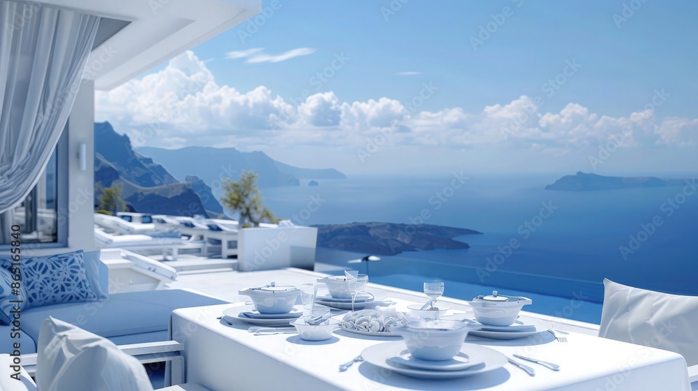 Obraz premium A luxury villa interior in white and blue, featuring a dining area with a close-up of a beautifully served table, overlooking a breathtaking view of the sea merging into the sky and distant mountains.
