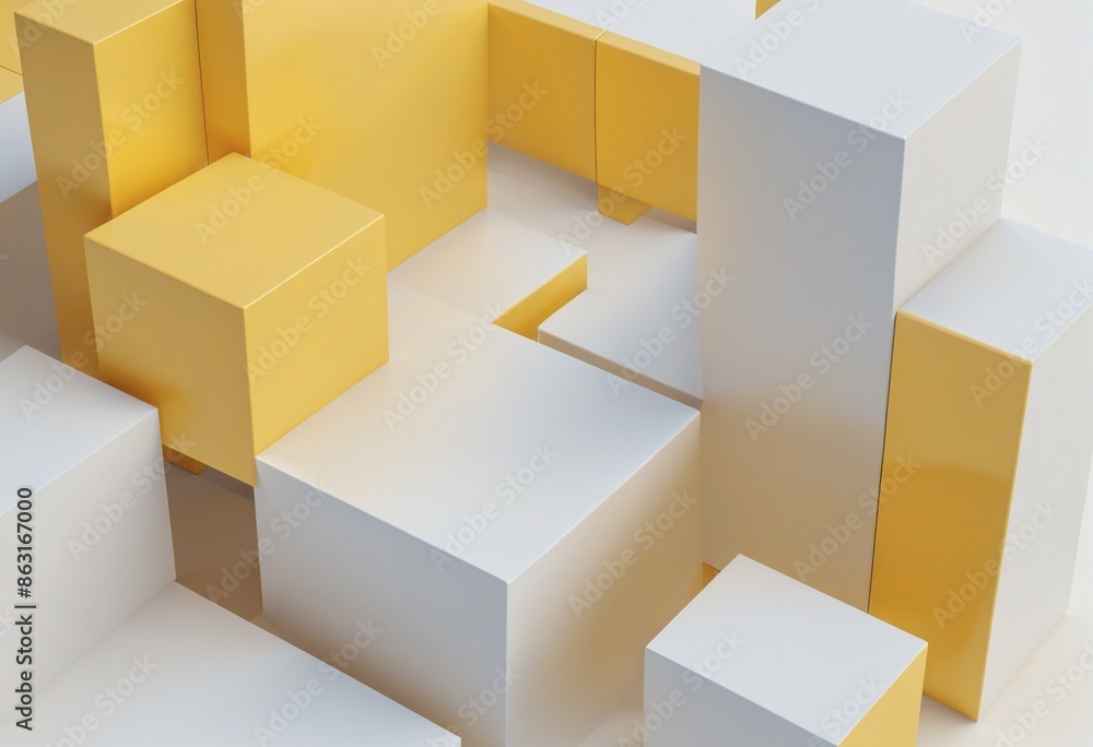 Fototapeta premium Minimalist geometric composition: 3D yellow cube design in a white empty space