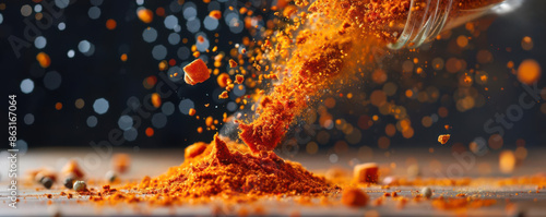 Exploding spices frozen in midmotion, culinary explosion photo