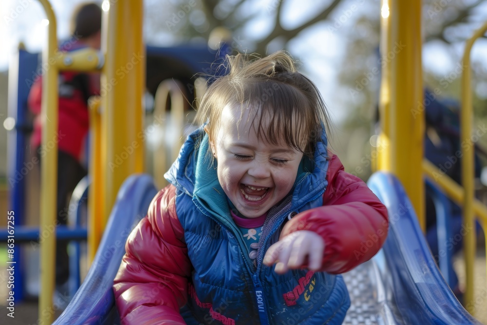 Joyful Child with Down Syndrome Enjoying Playground Fun on a Winter Day Joyful Child with Down Syndrome Enjoying Playground Fun on a Winter Day