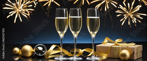 Celebrating the New Year in Style - Champagne Glasses, Close-up View of Seasonal Decoration and Bubbly Drinks in 2026-themed Greeting Card on Black Background