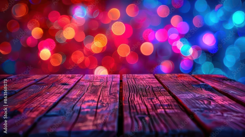 Wooden table with colorful bokeh lights in the background Wooden table with colorful bokeh lights in the background