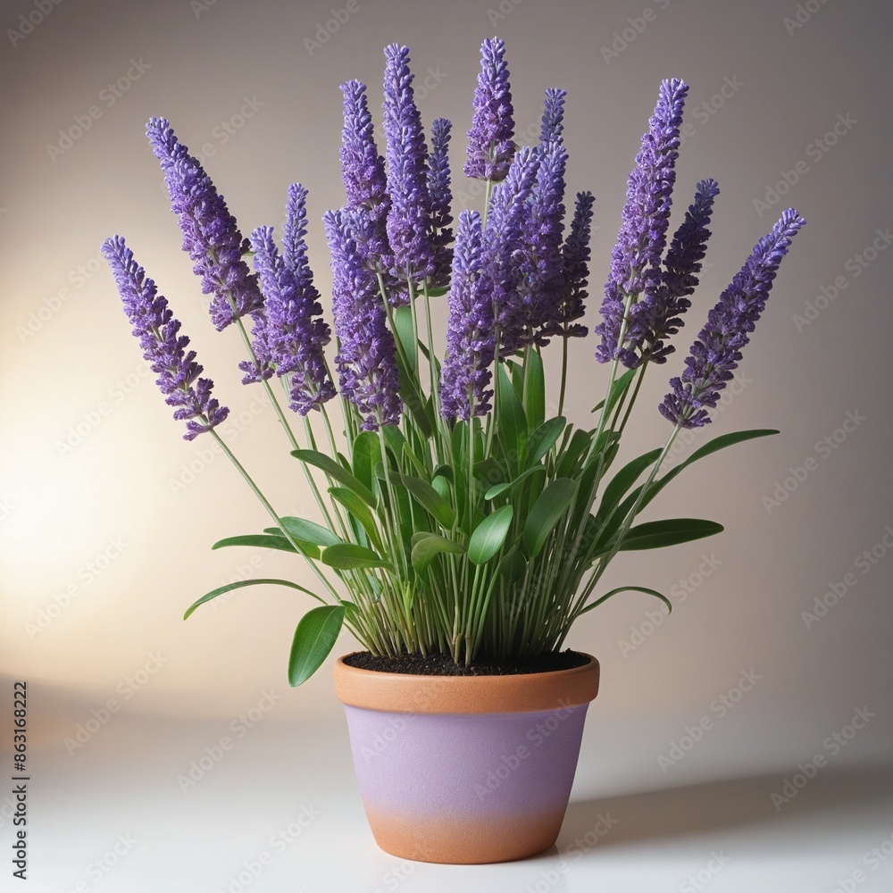 Organic lavender plant in a clay pot symbolizing health and wellness Organic lavender plant in a clay pot symbolizing health and wellness