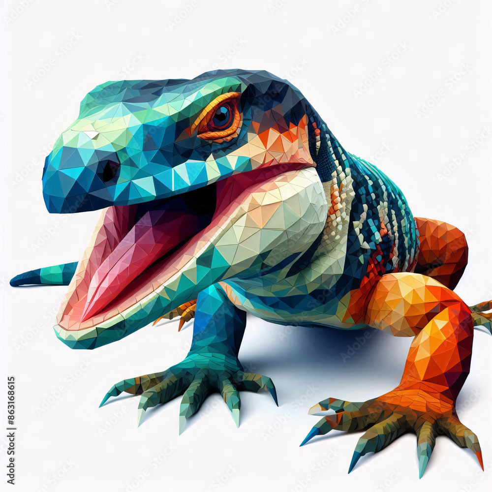 Fototapeta premium Low Polygon Style Animal lizard isolated on a White Background - Modern and Colorful Geometric Art