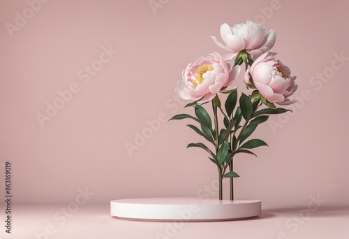 Wallpaper Mural Geometric shadow showcase with three-dimensional floral blooms on pastel pink background for Valentine's Day cosmetic product display, featuring copy space and a feminine aesthetic Torontodigital.ca