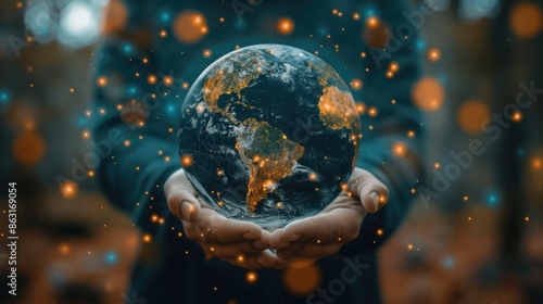 Hands holding illuminated globe with glowing lights, symbolizing global connection and environmental care. Global connection and environmental care concept.