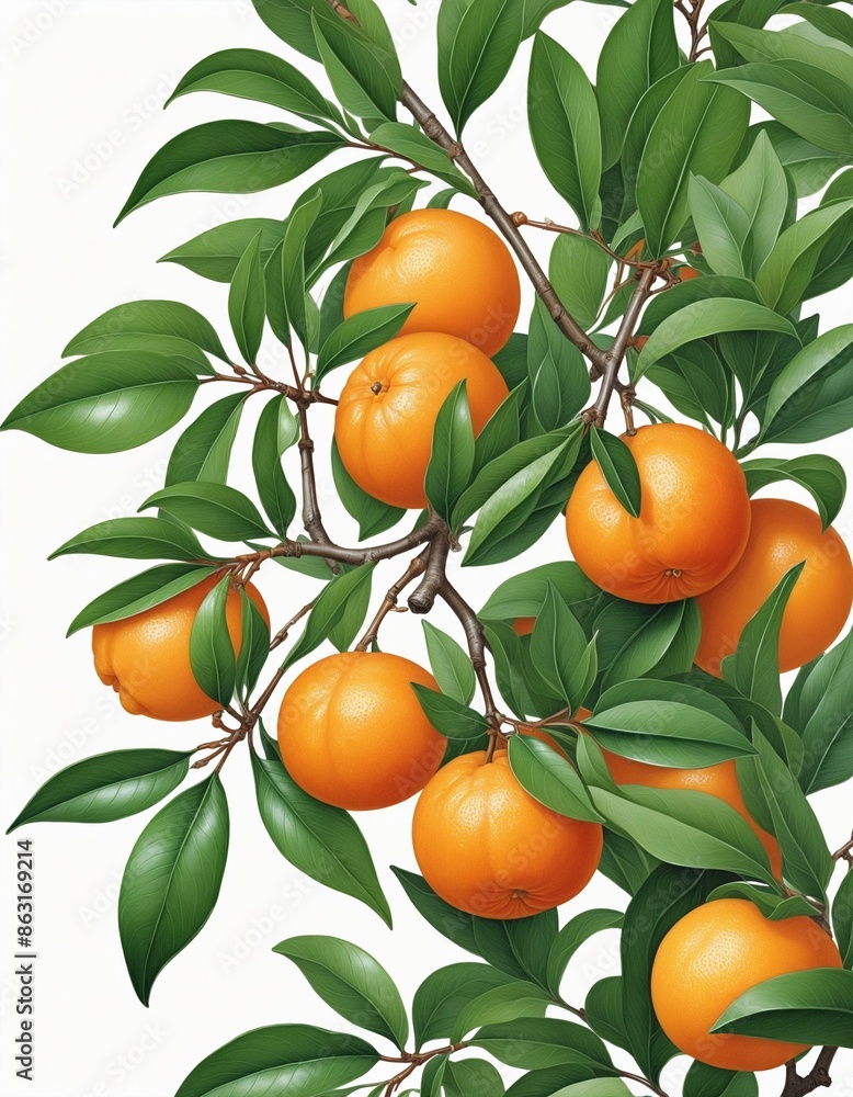 Arrangement of fresh mandarin branches with vibrant green leaves Arrangement of fresh mandarin branches with vibrant green leaves