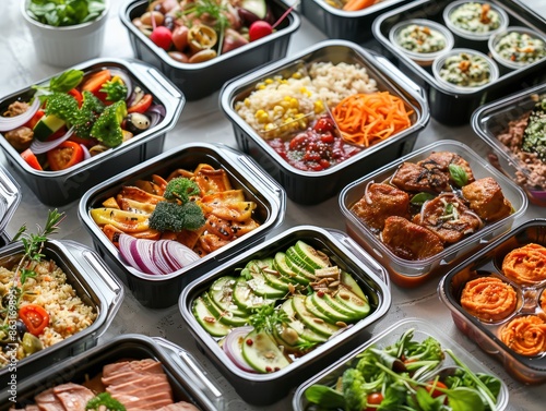 Prepared food for healthy nutrition in lunch boxes. Catering service for balanced diet. Takeaway food delivery in restaurant. Containers with everyday meals © Business Pics