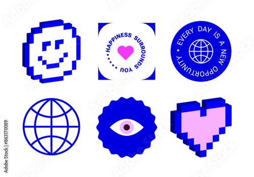 Pixel art Y2k retro sticker pack. Funny naive design elements. 8bit game icons, Kids Print with Nice Text for cover, t-shirt. 